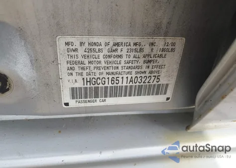 2001 Honda Accord 3.0 Ex из США, поврежденный, VIN 1HGCG16511A032275